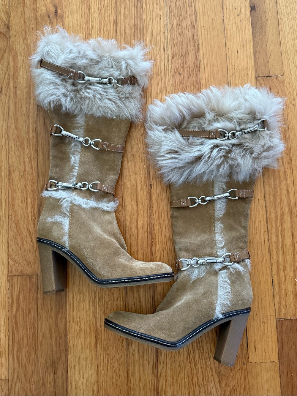Jessica Tan Suede Mid-Calf Heeled Boots with Faux Fur Cuff